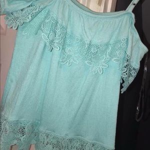 aqua spaghetti strap/off the should top